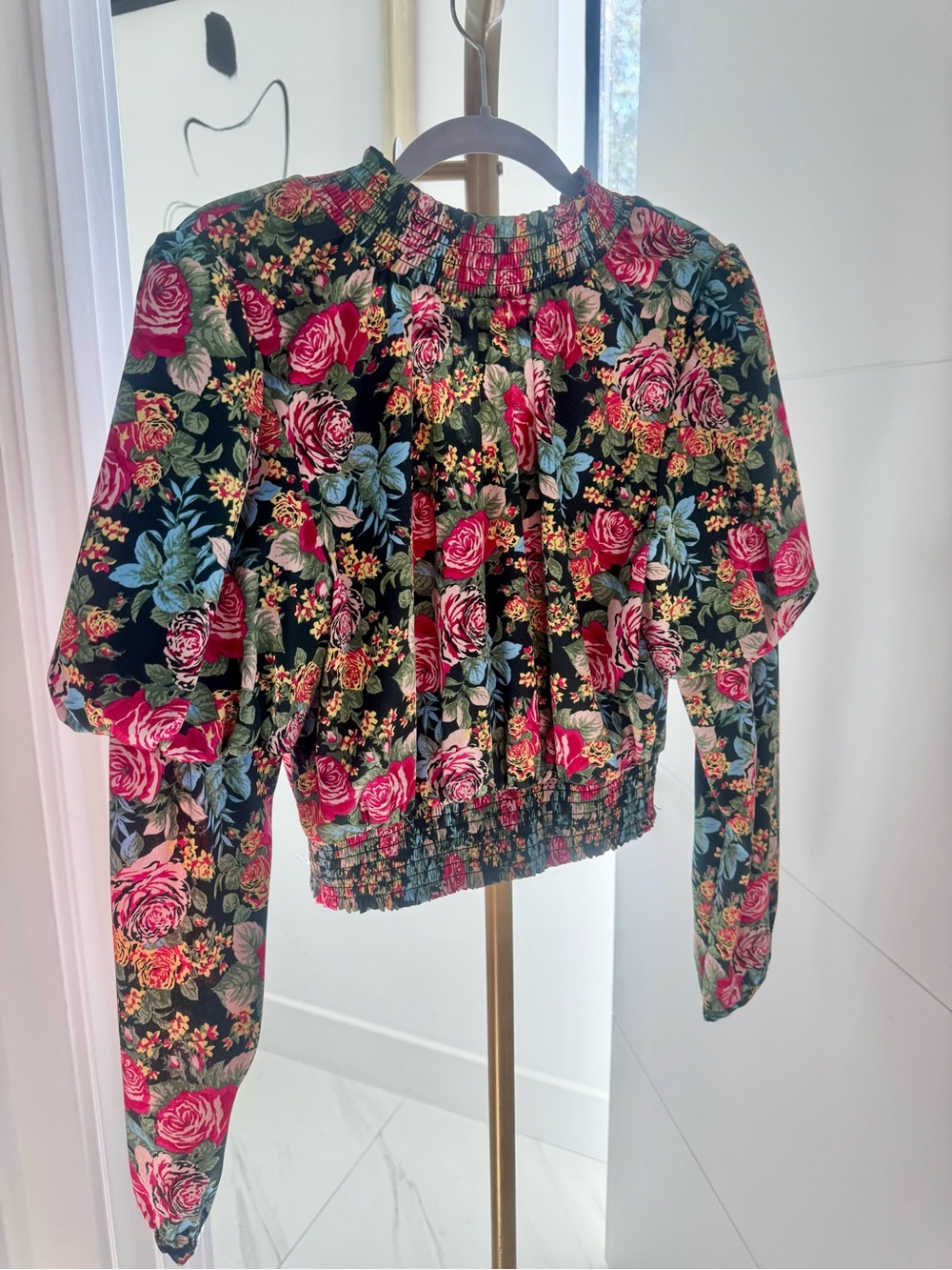 Wayf Black Floral Puff Sleeve Crop Top with Pink & Blue Roses